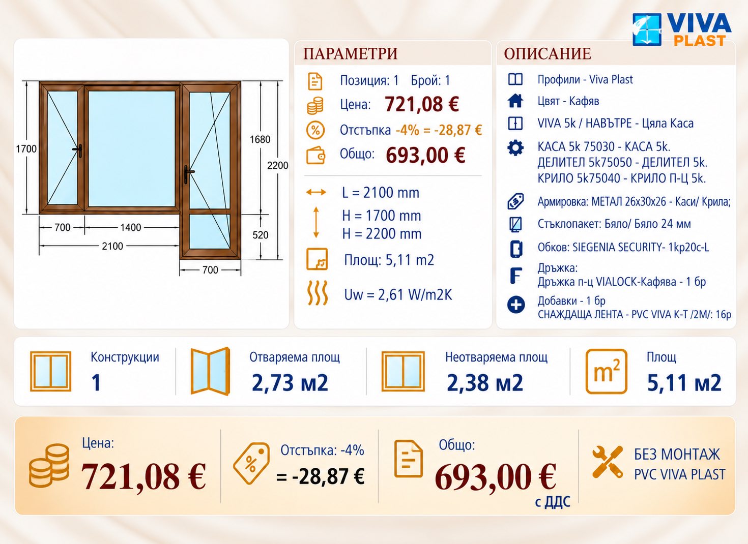 Информация за Кафява PVC дограма VIVA PLAST – 5,11 м²